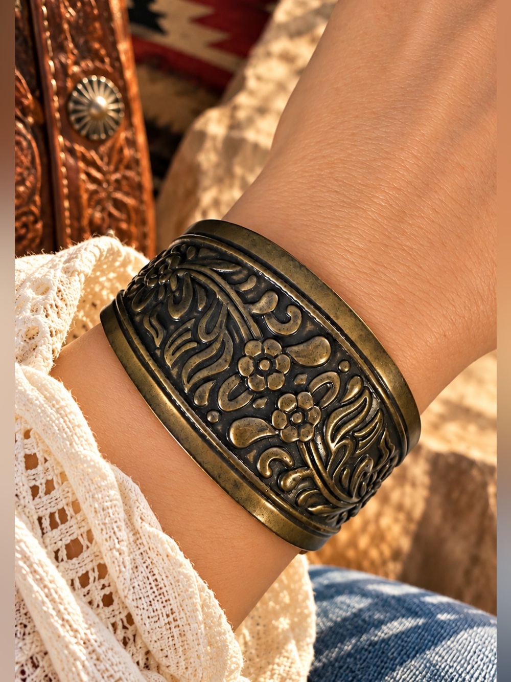Embossed Floral Wide Cuff Bracelet Antiqued Metal Boho Artisan 1.5 Inch Boho
